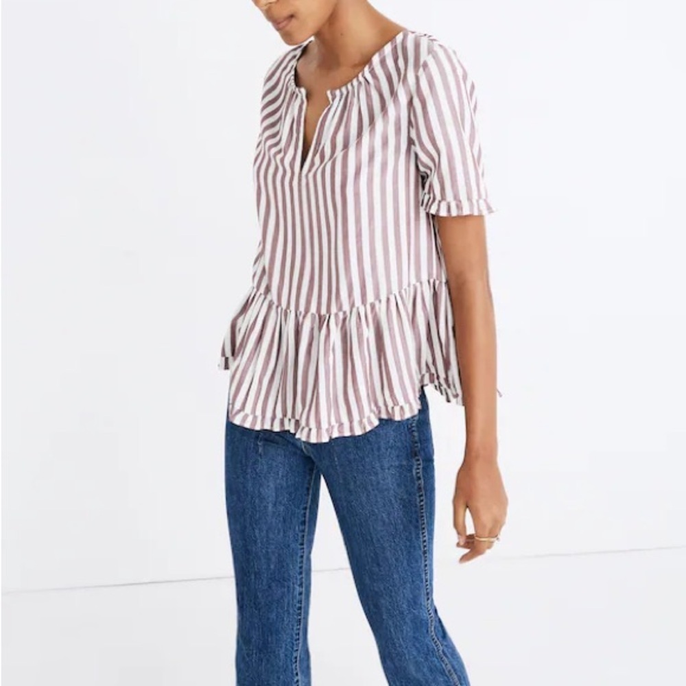 Madewell Pink and White Striped Peplum Blouse